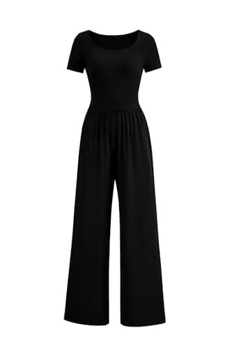 PRETTYGARDEN Women's Summer One Piece Jumpsuits Dressy Casual Short Sleeve Square Neck Wide Leg Jumpsuit Rompers (Black,Large) - Image 1