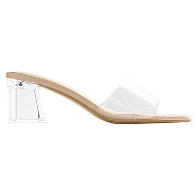 PIZZ ANNU Women's Clear Heels Sandals Transparent Open Toe Mules Chunky Slip on Heeled Slipper Dress Shoes Slide Sandal,Clear Nude 9.5 - Image 2