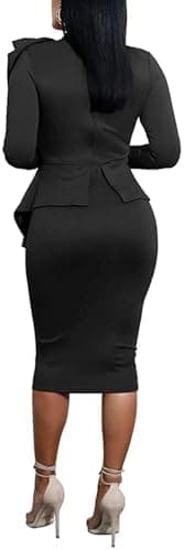 Women's Peplum Bodycon Long Sleeve Wear to Work Dresses Bow Party Club Ruffle Formal Cocktail Pencil Dress - Image 5
