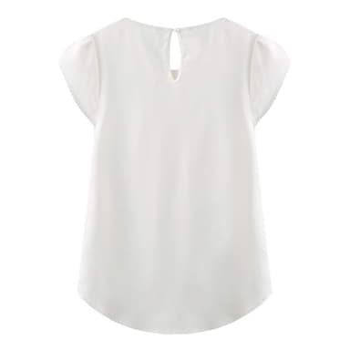 TASAMO Women's Casual Round Neck Basic Pleated Top Cap Sleeve Curved Keyhole Back Chiffon Blouse (Large, White) - Image 2