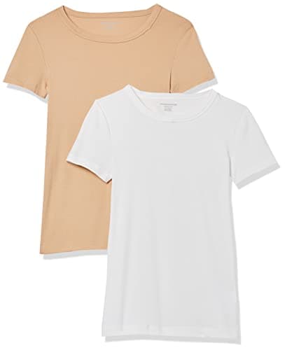 Amazon Essentials Women's Slim-Fit Short-Sleeve Crewneck T-Shirt, Pack of 2, White/Light Camel, X-Large - Image 1