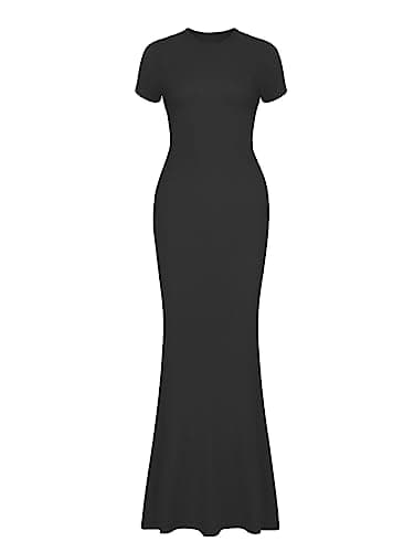 REORIA Women's Summer Sexy Casual Lounge Long Dress Elegant Wedding Guest Short Sleeve Crew Neck Bodycon Maxi Dresses Black Medium - Image 5