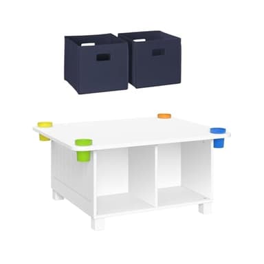 RiverRidge Kids Desk and Art Activity Table - Play Table with 4 Storage Cubbies & Removable Storage Cups for Crafts, Puzzles & Activities 2 Navy Folding Fabric Bins - Image 1