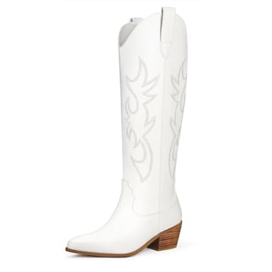 Cowboy Boots for Women Knee High Wide Calf Cowgirl Boots Embroidered Chunky Heels Pointed Toe Long Tall Western Boot Pull On (White, Size 10) - Image 1