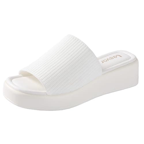 Leevar White Platform Sandals for Women - Soft Memory Foam Padded Platform Wedges Sandals - Womens Backless Slip On Platform Slides - Comfy Square Open Toe Mules White Platform Slippers for Women - Image 1