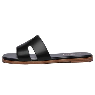 Rihero Black Flat Sandals for Women Dressy Summer Slip On Peep Toe Slide Black Sandals Size 8 - Image 2