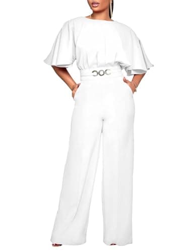 acelyn Elegant Jumpsuit for Women Dressy Sexy Plus Size Wide Leg Pant Suit One Piece Party Outfits White L - Image 1