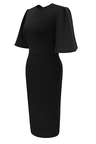 Memoriesea Women's Basic Bodycon Ruffle Flared Short Sleeve Pencil Midi Dress Black - Image 2