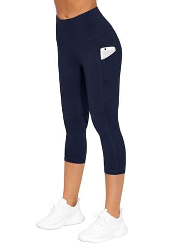 THE GYM PEOPLE Thick High Waist Capris Yoga Pants with Pockets, Tummy Control Workout Running Yoga Leggings for Women Navy Blue - Image 4