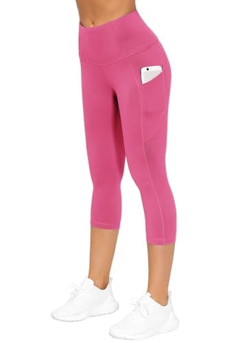 THE GYM PEOPLE Thick High Waist Capris Yoga Pants with Pockets, Tummy Control Workout Running Yoga Leggings for Women Bright Pink - Image 2