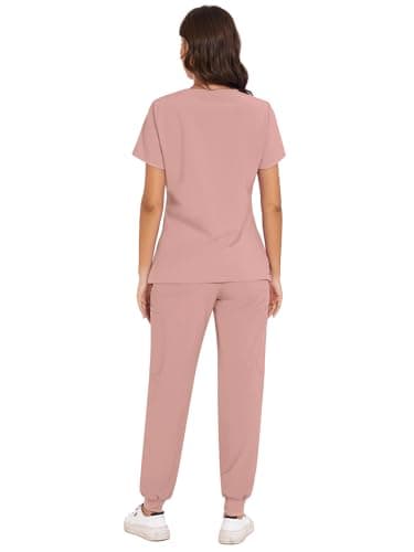 COZYFIT Scrubs for Women - V-Neck Top & Cargo Pants Scrubs Set with 10 Pockets - Pink, S, Tall - Image 2