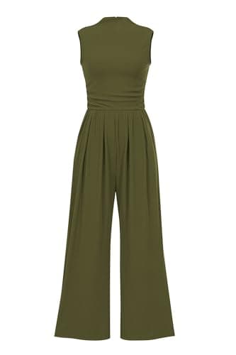 PRETTYGARDEN Womens Summer Jumpsuits Dressy Casual One Piece Outfits Sleeveless Mock Neck Wide Leg Pants Rompers with Pockets (Army Green,Large) - Image 1