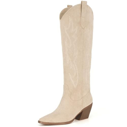 iiimmu Cowgirl Tall Boots Pointed Toe and Block Heel Cowboy Suede Boots with Embroidered, Beige, Size 7 - Image 1