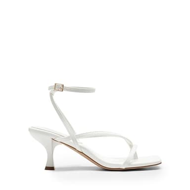 DREAM PAIRS Women's Kitten Low Strappy Lace Up Heels Open Square Toe Thong Ankle Strap Heels Sexy Fashion Comfort Dress Shoes Party Sylvestra Pumps Heeled Sandals,Size 7,White-Pu,SDHS2405W - Image 2