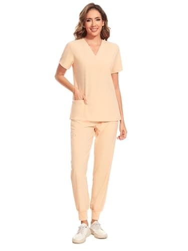COZYFIT Women's Scrubs Set - Stretch V-Neck Top & Jogger Pant with 8 Pockets, Yoga Waistband, Anti Wrinkle, Slim Fit - Peach Fuzz, M - Image 1