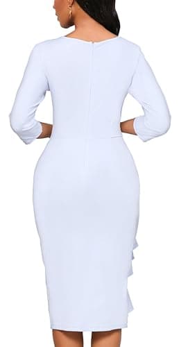 Yajedo White Dress Women Church 3/4 Sleeve Bodycon Ruched Elegant Business Pencil Sheath Dress(White X-Large) - Image 6