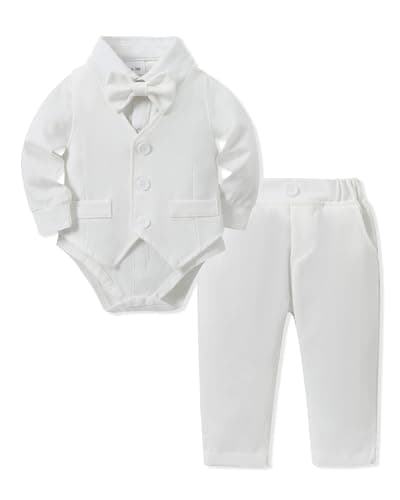 YALLET Baby Boy Clothes Suit Infant Boy Gentleman Outfits White Baby Christening Outfit Boy Dress Shirt+Bowtie+Vest+Pants Set for Wedding Party(Baby Baptism Outfits, 0-3 Months) - Image 1