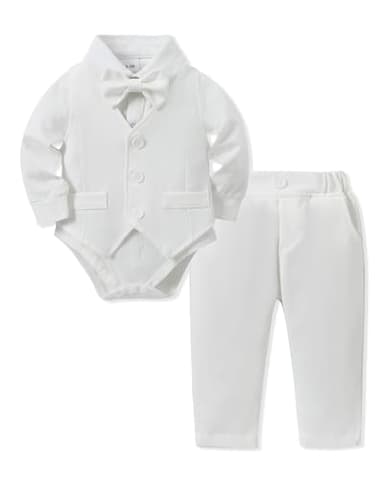 YALLET Baby Boy Clothes Suit Infant Boy Gentleman Outfits White Baby Christening Outfit Boy Dress Shirt+Bowtie+Vest+Pants Set for Wedding Party(Baby Baptism Outfits, 0-3 Months) - Image 1