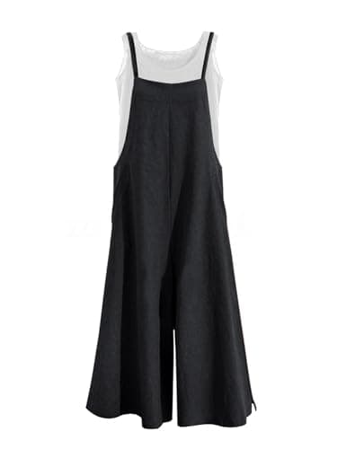YESNO Women Casual Loose Long Bib Pants Wide Leg Jumpsuits Baggy Cotton Rompers Overalls with Pockets (L PZZTYP2 Black) - Image 1