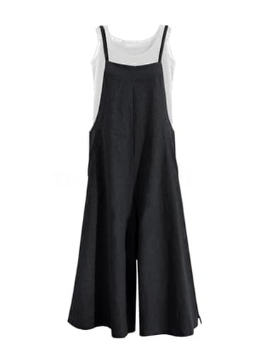 YESNO Women Casual Loose Long Bib Pants Wide Leg Jumpsuits Baggy Cotton Rompers Overalls with Pockets (L PZZTYP2 Black) - Image 1