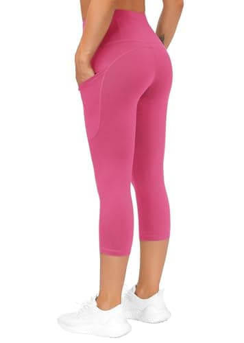 THE GYM PEOPLE Thick High Waist Capris Yoga Pants with Pockets, Tummy Control Workout Running Yoga Leggings for Women Bright Pink - Image 4