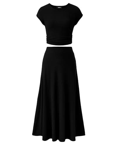 BTFBM Women Two Piece Skirt Set Summer 2025 Casual Vacation Crew Neck Short Sleeve Cropped Top Elastic Waist Midi Skirts(Black, Large) - Image 1