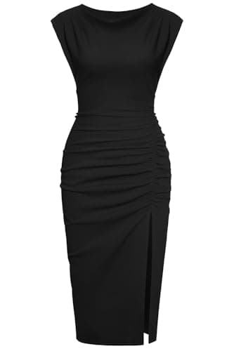 IHOT Cocktail Dresses for Women Classy Ruched Bodycon Black Semi Formal Wedding Guest Evening Holiday Party Midi Dress Black XL - Image 1