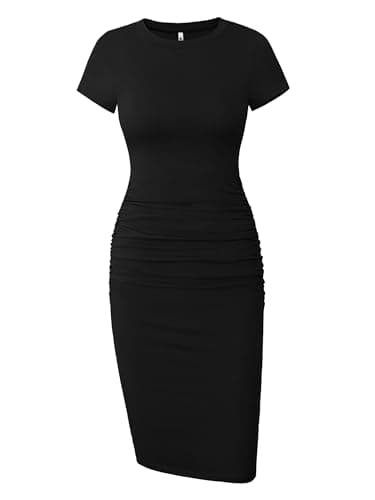 Women's Ruched Casual Sundress Knee Length Slim Fit Bodycon Dress (Black, Medium) - Image 1