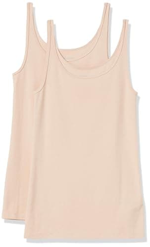 Amazon Essentials Women's Slim-Fit Thin Strap Tank Top, Pack of 2, Light Beige, Small - Image 1