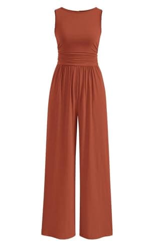 PRETTYGARDEN One Piece Jumpsuits for Women Dressy Casual Sleeveless Crewneck Wide Leg Rompers Jumpers 2025 Vacation Summer Outfits(Brick Red, M) - Image 1