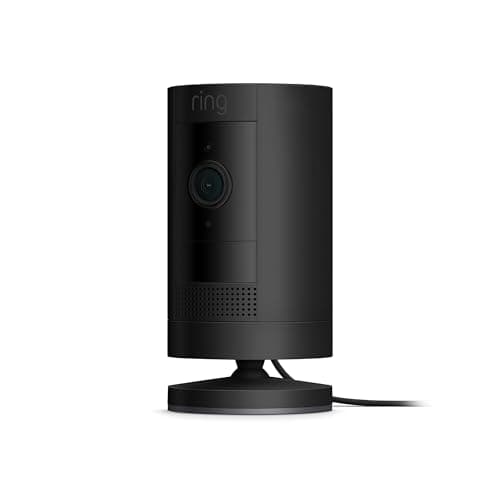 Like-New Ring Stick Up Cam Plug-In HD security camera with two-way talk, Works with Alexa - Black - Image 1
