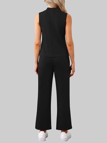 Casly Lamiit Two Piece Travel Outfits for Women Summer Sets Lounge Sets 2025 Fashion 2 Piece Matching Spring Trending Tracksuit Sleeveless Round Neck Top Wide Leg Pants Black M - Image 4