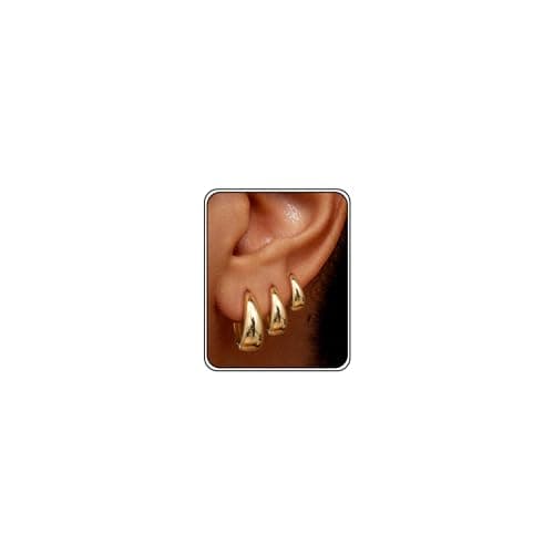 3Pairs 14K Gold Plated Hoop Earrings Set for Women Chunky Earring Silver Plated Hypoallergenic Small Huggie Hoops Lightweight Tiny Thick Trendy Hoop Earrings Stacks for Multiple Piercing(14k gold plated) - Image 1
