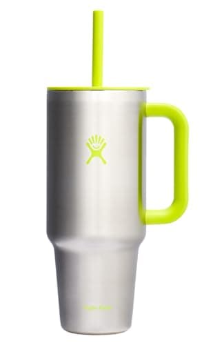Hydro Flask Travel Tumbler with Handle, Lid and Straw - Insulated Stainless Steel in 40 Oz Stainless Steel Lime