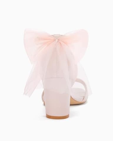 Coutgo Women's Bow Tie Heeled Sandals Chunky Heels One Strap Satin Ankle Buckle Dress Wedding Shoes, Pink, Size 6 - Image 6