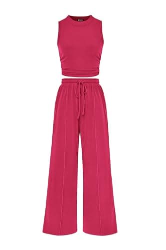 PRETTYGARDEN 2 Piece Sets for Women Summer Casual 2025 Spring Sleeveless Tank Ribbed Travel Vacation Lounge Wear Outfits (Rose Red,X-Large) - Image 1
