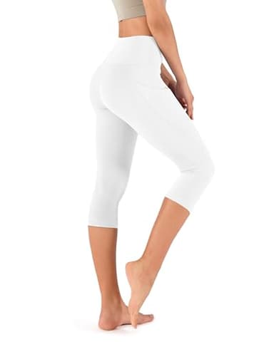 ODODOS Women's High Waisted Yoga Capris with Pockets,Tummy Control Non See Through Workout Sports Running Capri Leggings, White,Large - Image 3