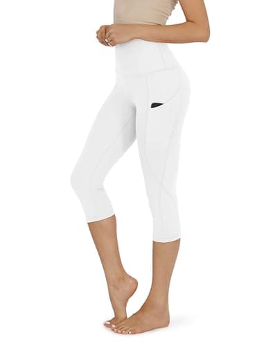 ODODOS Women's High Waisted Yoga Capris with Pockets,Tummy Control Non See Through Workout Sports Running Capri Leggings, White,Large - Image 1