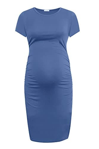 Smallshow Women's Short Sleeve Maternity Dress Ruched Pregnancy Clothes Medium Grey Blue - Image 2