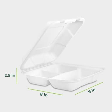 Freshware Clamshell Food Containers with Lids [8x8] 3-Compartment 50-Pack, Disposable To Go Containers, Biodegradable Sugarcane To Go Boxes - Paper Containers - Microwave & Freezer Safe, Stackable - Image 3