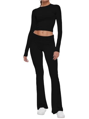 AnotherChill Women's 2 Piece Lounge Sets Fold-over Flare Pants Set Long Sleeve Cropped Top Casual Outfits Pajamas (Black, Medium) - Image 1