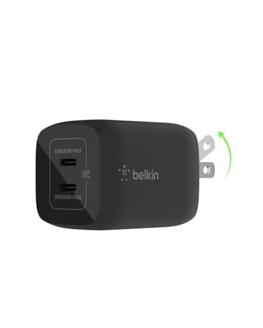 Belkin 65W Dual USB-C Wall Charger, Fast Charging PD 3.0 w/GaN Technology for iPhone Series, iPad Pro 12.9, MacBook, Galaxy Series, Tablet, & More - Black - Image 1