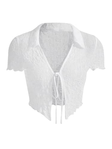 Milumia Women's Tie Front V Neck Short Sleeve T Shirt Lettuce Trim Textured Crop Tops White Medium - Image 1