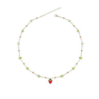 Da Piao Liang Strawberry Necklace Earrings With Green Cat'S Eye Stone - Beaded Choker Necklace Bracelet For Women Unique Graduation Gift (Style 1) - Image 1