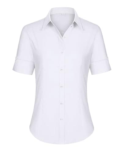 siliteelon Short Sleeve Button Dress Shirts for Women Cotton Button Down Shirts for Women Slim Fit Blouse Top 3/4 Sleeve White - Image 1