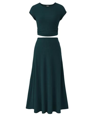 BTFBM Women Two Piece Skirt Set Summer 2025 Casual Vacation Crew Neck Short Sleeve Cropped Top Elastic Waist Midi Skirts(Dark Green, X-Large) - Image 1
