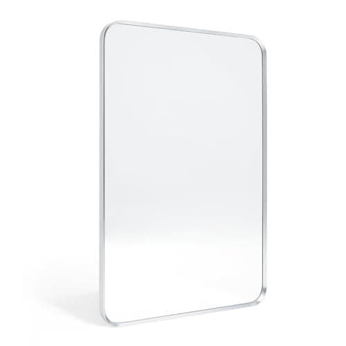 Minuover Brushed Nickel Bathroom Wall Mirror, Silver Metal Framed Large Rounded Corner Rectangle Mirror, Tempered Glass, Shatter Proof, Hangs Horizontally or Vertically (40" x 30", Silver) - Image 1