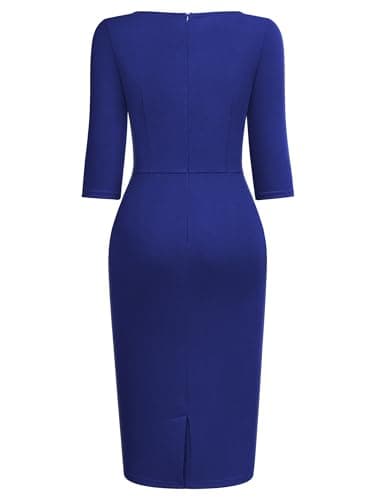 AISIZE Women's 1940s Retro 3/4 Sleeve Tie Waist Business Work Pencil Dress Royal Blue - Image 4
