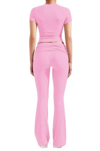 YETOWA Women's 2 Piece Lounge Outfits with Slim Short Sleeve Tops and Low Rise Flare Leggings Sets Versatile Yoga Fall Sweatsuit - Image 2