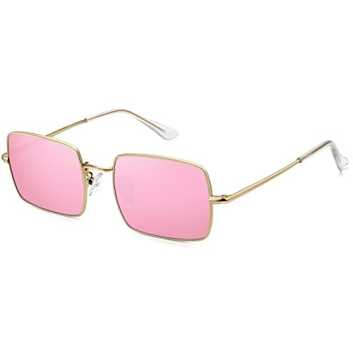 MEETSUN Rectangle Polarized Sunglasses for Women Men Retro Classic Square Sun Glasses UV400 Protection Vintage Metal Frame Gold/Pink Mirror Lens - Image 1